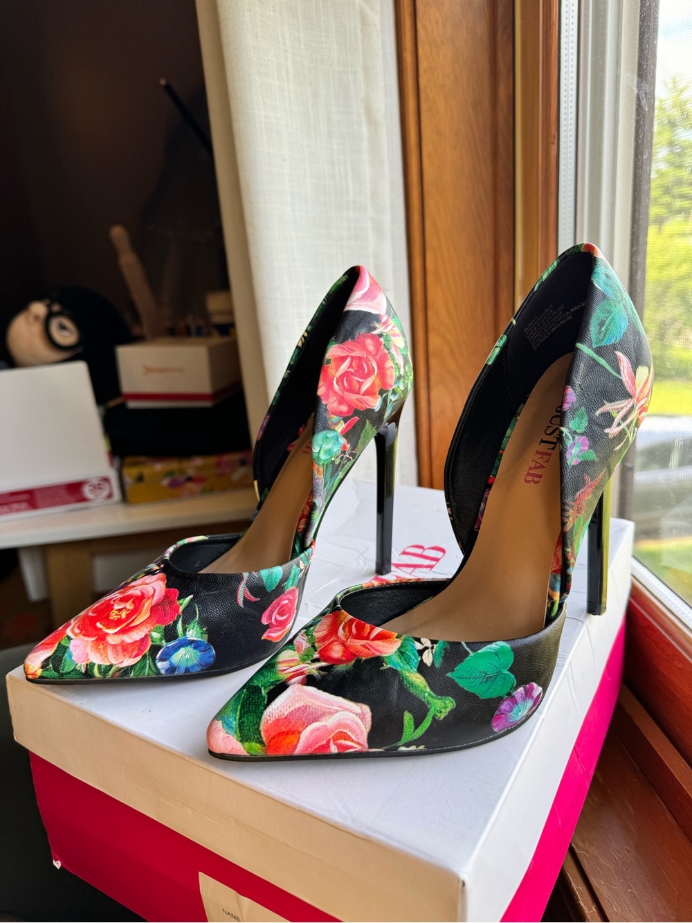 JustFab Black Floral Pointed-Toe Stiletto Heels